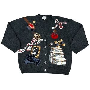 Susan Bristol XL Vintage 1993 Hand Embroidered Pure Wool Gray Cardigan Sweater